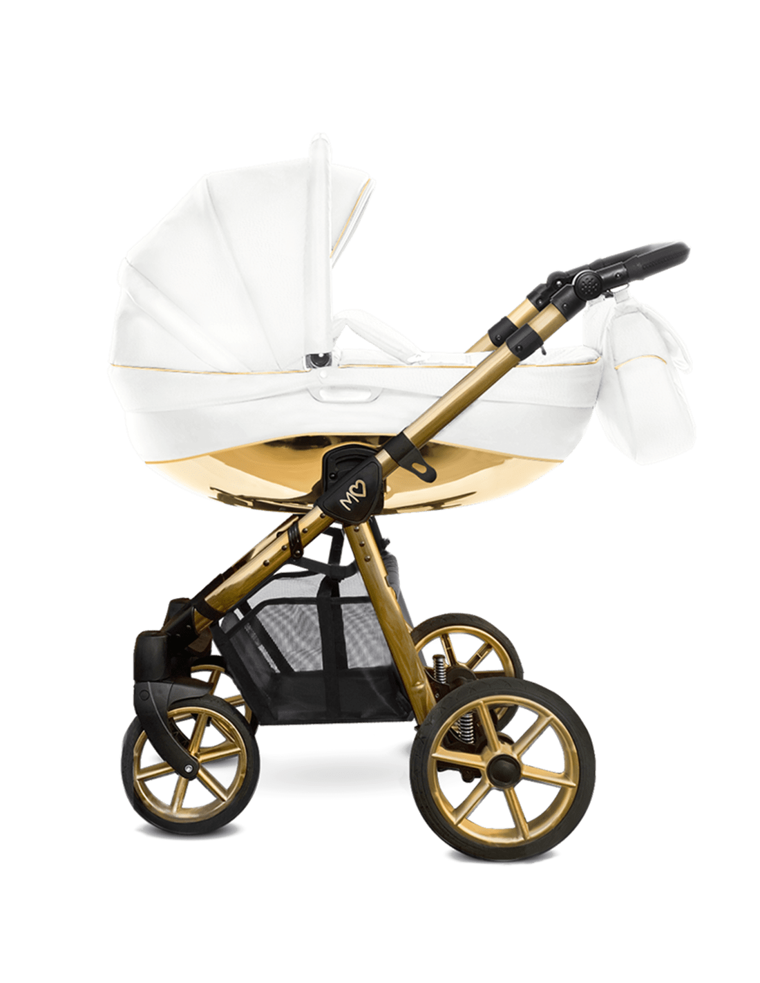 Carrito Mommy Glossy blanco de ORO y PLATA  , en CUERO ( polipiel)